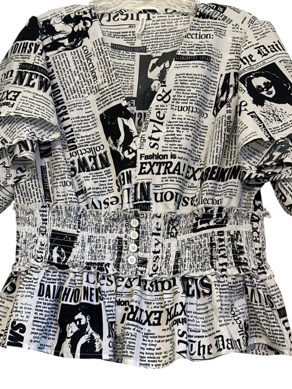 Newspaper Print Peplum Top With Smocked Waist And Button Front - Black & White -